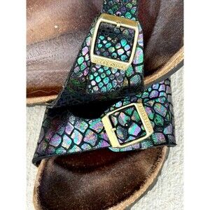 ⁠Birkenstock Madrid Black Metallic Python Snake Sandals Sz 38 Gold Buckle